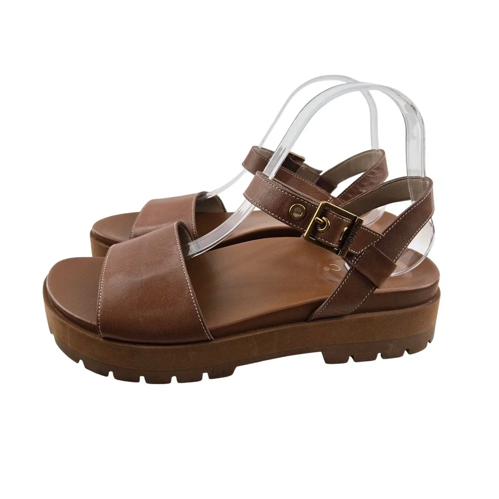 Vionic Jamie Tan Leather Platform Ankle Strap Lug Sole Sandals Womens 8.5